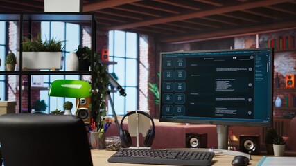 AI LLM chatbot answering user prompts using predictive technology in home office. Computer setup in apartment workspace using large language model program with artificial intelligence, panning shot © DC Studio