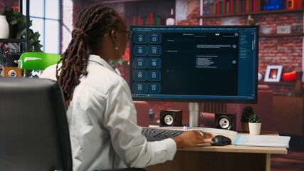 Woman at home asks questions to AI LLM chatbot virtual assistant answering user prompts. Person receiving helpful information from artificial intelligence large language model program on PC, camera B