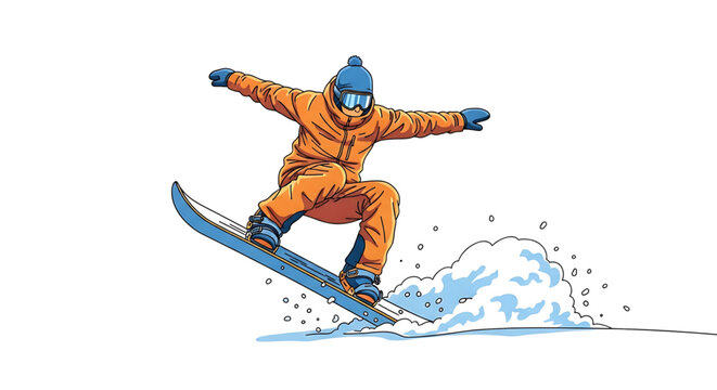 Cartoon snowboarder performing trick with style and grace on snow mountain