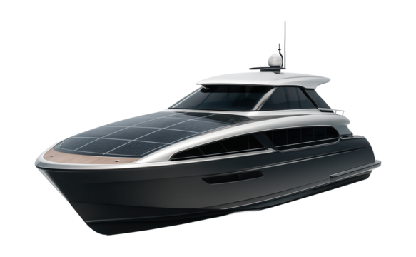 Eco-friendly yacht featuring sleek, integrated solar panels on the deck. - Powered by Adobe