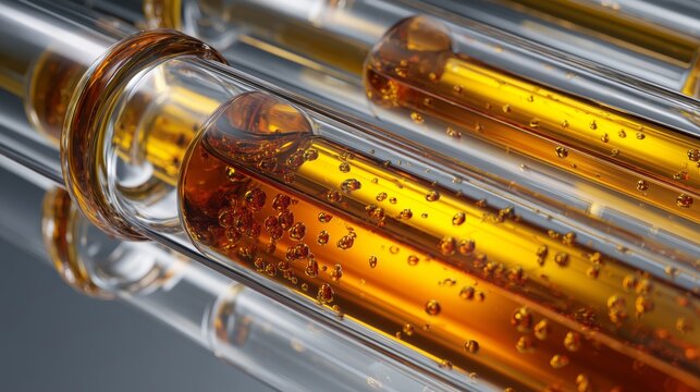 Detailed Close-Up of Transparent Test Tubes Filled with Golden Liquid Highlighting Bubbles and Reflections for Scientific Analysis
