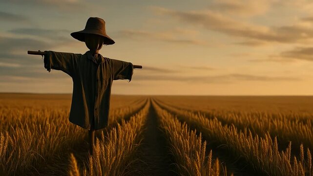 Scarecrow stands in the middle of a golden wheat field at dusk, wearing a floppy hat and a shirt, long rows of crops stretch into the horizon under a peaceful sky, evoking rural charm and harvest seas