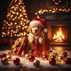 Adorable golden puppy in a Santa hat sitting inside a festive red gift box by the Christmas tree and fireplace, surrounded by glowing ornaments and holiday lights.
