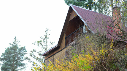 A wooden structure features a sloped roof. Foliage surrounds the building. A balcony extends from...