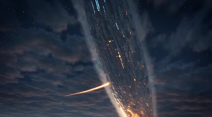 Massive futuristic spaceship entering atmosphere with fiery trail and clouds over planet surface
