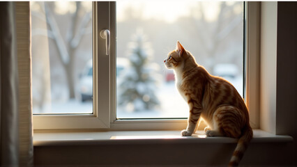 Cat playing in indoor winter window setting with snow view