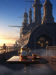 VERTICAL PORTRAIT (3:4) immersive anime masterpiece illustration. A highly detailed, antique brass tea set is the focal point, glistening with warm highlights on a polished dark wood table on the open