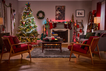 Cozy living room with a beautifully decorated christmas tree and festive holiday decorations
