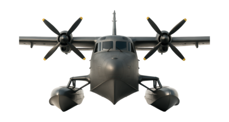 Amphibious military transport aircraft featuring a hull design and retractable floats.