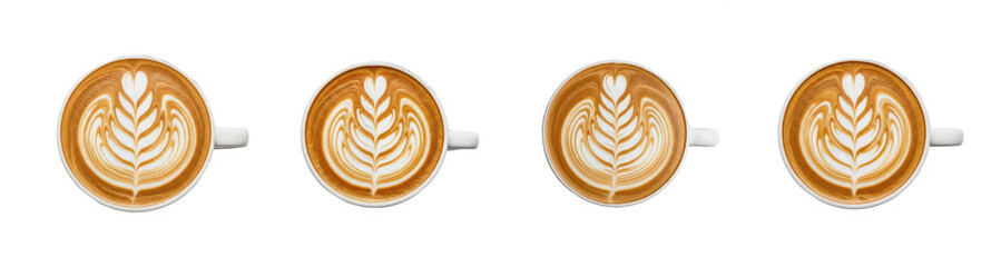 Latte Art Coffee Cups PNG with Oil Paint Effect Isolated on White Background