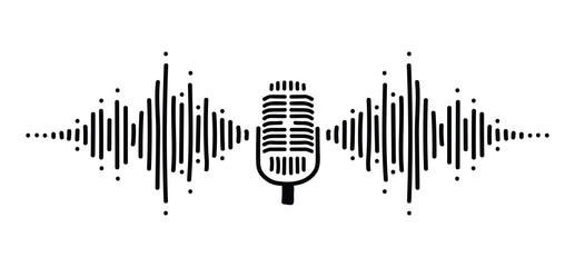 Vintage microphone with sound waveform audio visualization on white background