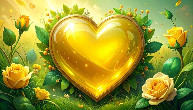 Ż&oacute;łte serce ozdobione liśćmi oraz zielonymi kwiatami r&oacute;ż. Symbol walentynek, miłości i uczuć. Ż&oacute;łte serce wykonane z masy perłowej.