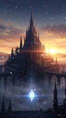 A highly detailed, vertical portrait anime illustration of a dark fantasy space station at golden hour. Heavy snow falls, illuminated by the warm, dramatic light of a distant sunset, casting long shad
