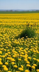 Fototapeta premium Vibrant field of yellow dandelions under a clear blue sky, spring landscape.