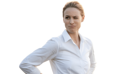 A woman looking sideways with a thoughtful and skeptical expression.