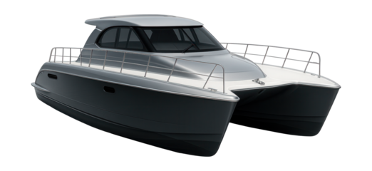 Twin-hulled motorized catamaran with a closed bridge cabin.