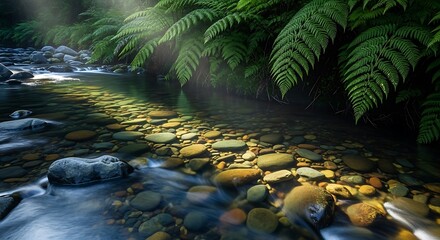 Naklejka premium Sunlight filtering through lush ferns onto a clear stream with colorful pebbles.