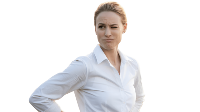 A woman looking sideways with a thoughtful and skeptical expression.