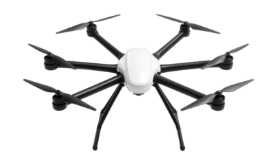 Hexacopter featuring six black carbon fiber arms and a central white chassis.