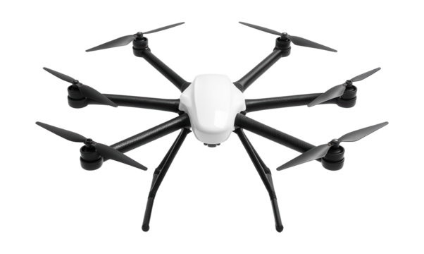 Hexacopter featuring six black carbon fiber arms and a central white chassis.