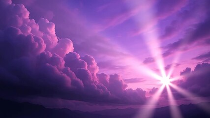 A cinematic sky transformation video that begins with a tranquil dusk or dawn scene of dramatic cumulus clouds glowing in soft purple and pink tones above distant mountain silhouettes, then gradually - Powered by Adobe