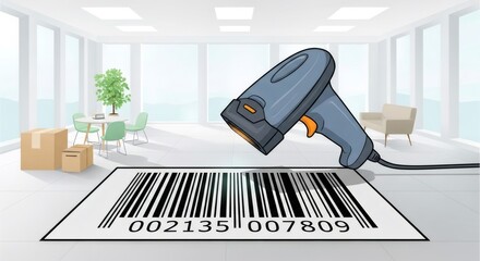 Barcode scanner scanning large barcode on floor in modern office or warehouse, concept for retail, logistics, inventory management, or supply chain.