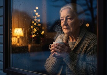Senior woman thoughtfully holding warm mug looking out rainy window at night