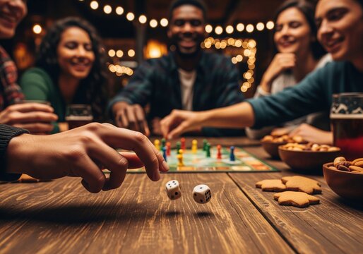 Happy diverse friends rolling dice playing board game during cozy social evening