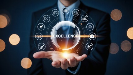 Businessman holding a glowing orb with the word excellence and business icons
