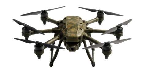 Camouflaged hexacopter with durable, rugged components.