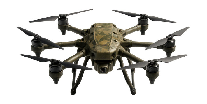 Camouflaged hexacopter with durable, rugged components.