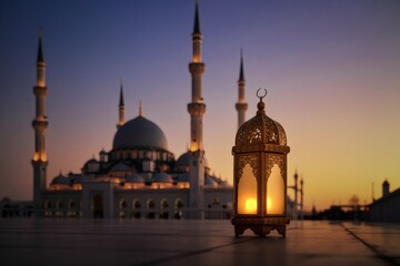 Fototapeta premium Ramadan lantern and mosque at dusk
