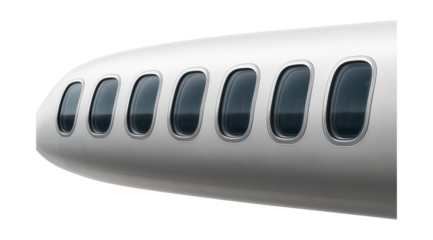 Curved upper deck passenger windows aligned along the aircraft's fuselage.