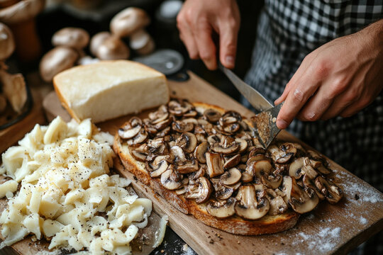 A close-up of a delicious dish of fried mushrooms on toast. A man's hands carefully slice the mushrooms and arrange them on crusty bread, with sliced ​​cheese and a whole block of cheese nearby.  