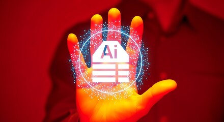 Artificial intelligence solution on a hand offers innovative business insights and data analysis for future technology and machine learning applications