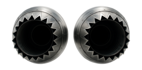 Twin jet engine exhaust nozzles featuring serrated edges for reduced noise.