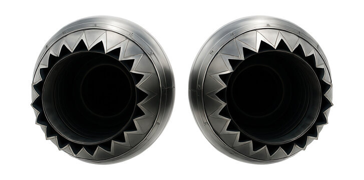 Twin jet engine exhaust nozzles featuring serrated edges for reduced noise.