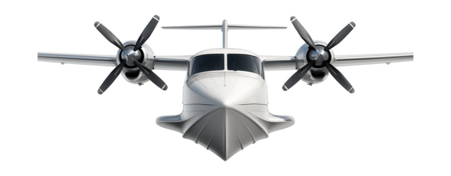 Amphibious plane featuring a V-shaped hull and dual turboprop engines.