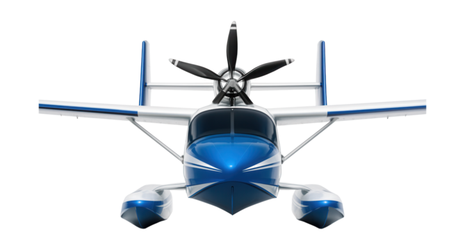 Seaplane featuring a rear propeller and dual tail booms.