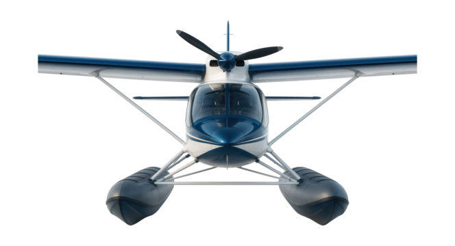 Amphibious aircraft with high wings, inflatable floats, and a transparent cockpit.