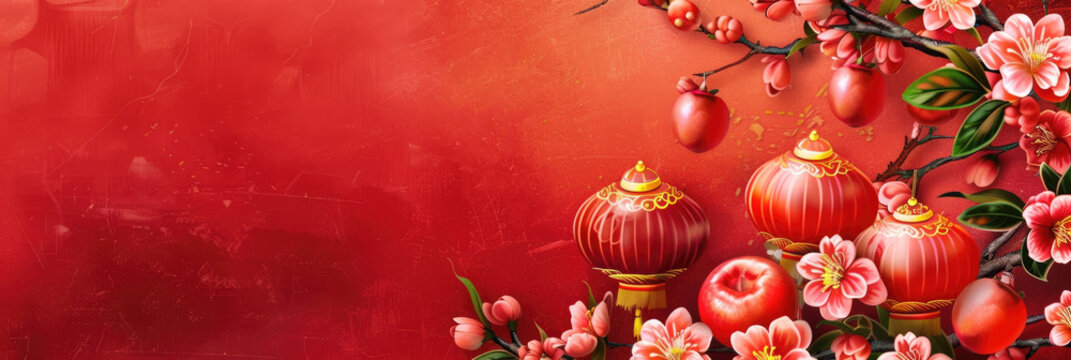 Red background with traditional Chinese lanterns and pink cherry blossoms. copy space, free space for text