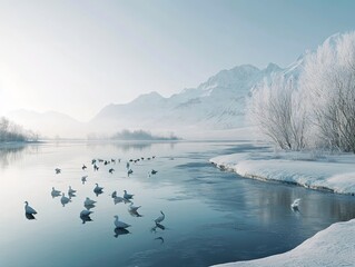 Serene winter landscape with migrating swans on a frozen lake expanse