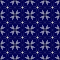 ​Elegant Indigo and White Floral Seamless Pattern: Traditional Damask-Inspired Tile Background, Ornate Folk Motifs for Fabric, Wallpaper, and Packaging Design.