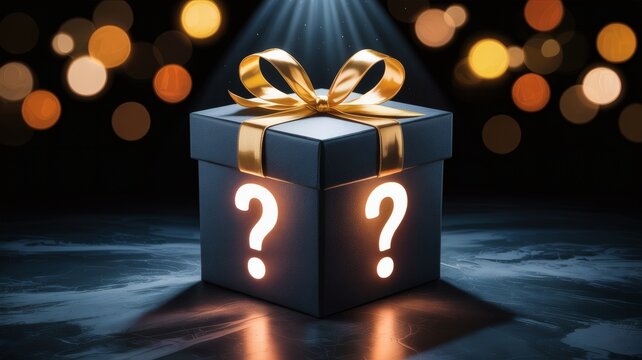 Mysterious gift box with question marks and golden bow