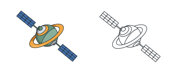 Funny cosmic space satellite flat vector illustration with solar panels and planet ring element in green orange and blue colors isolated