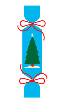 Blue Christmas cracker illustration with red ribbon bows and Christmas tree. Festive, winter holiday PNG. Perfect for Xmas party decor, Christmas social posts, TikTok, IG reels overlays. High-res	