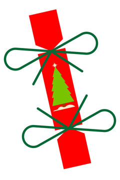 Red Christmas cracker illustration with green ribbon bows and Christmas tree. Festive, winter holiday PNG. Perfect for Xmas party decor, Christmas social posts, TikTok, IG reels overlays. High-res	