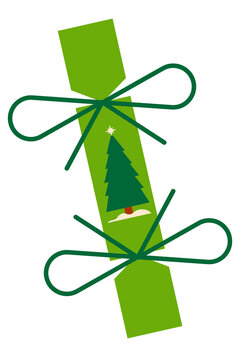Green Christmas cracker illustration with green ribbon bows and Christmas tree. Festive, winter holiday PNG. Perfect for Xmas party decor, Christmas social posts, TikTok, IG reels overlays. High-res	