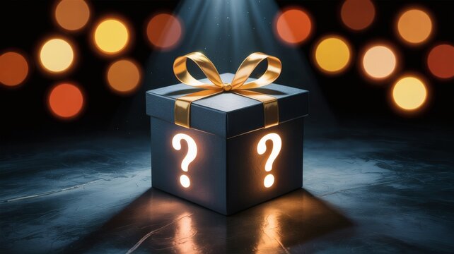 Mysterious gift box with question marks and bokeh lights