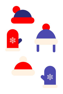 Colorful winter hats and mittens PNG set with snowflake design. Red, blue, off-white beanies and cozy gloves for cold weather, outdoor, fashion, seasonal style. Ideal for stickers, holiday designs